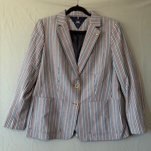 Tommy Hilfiger Womens Seersucker Blazer Size 14 Striped Career Office Corpcore
